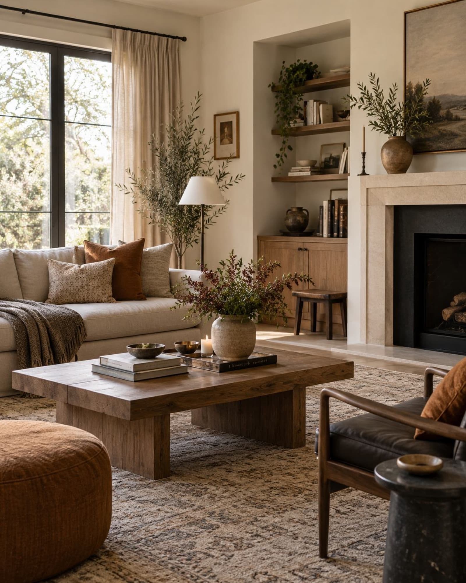 A living room with a low table, soft seating and a fireplace