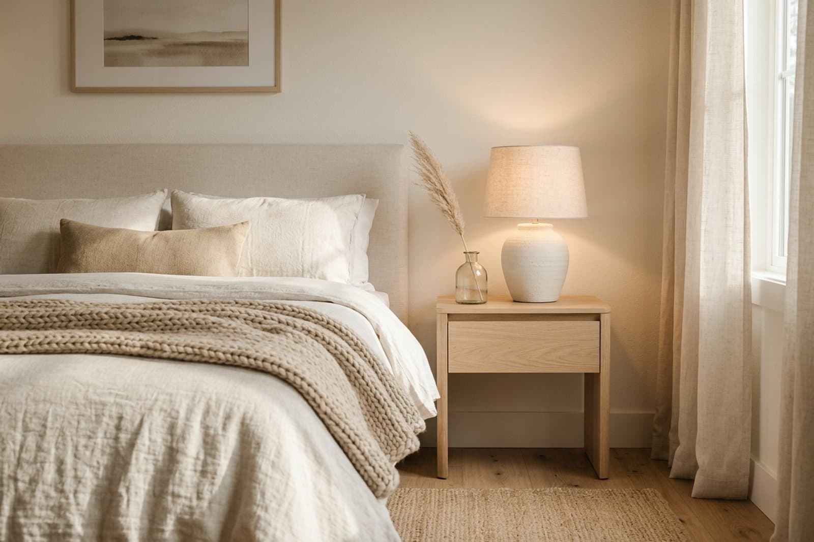 A bedroom corner in warm neutrals with raking afternoon light