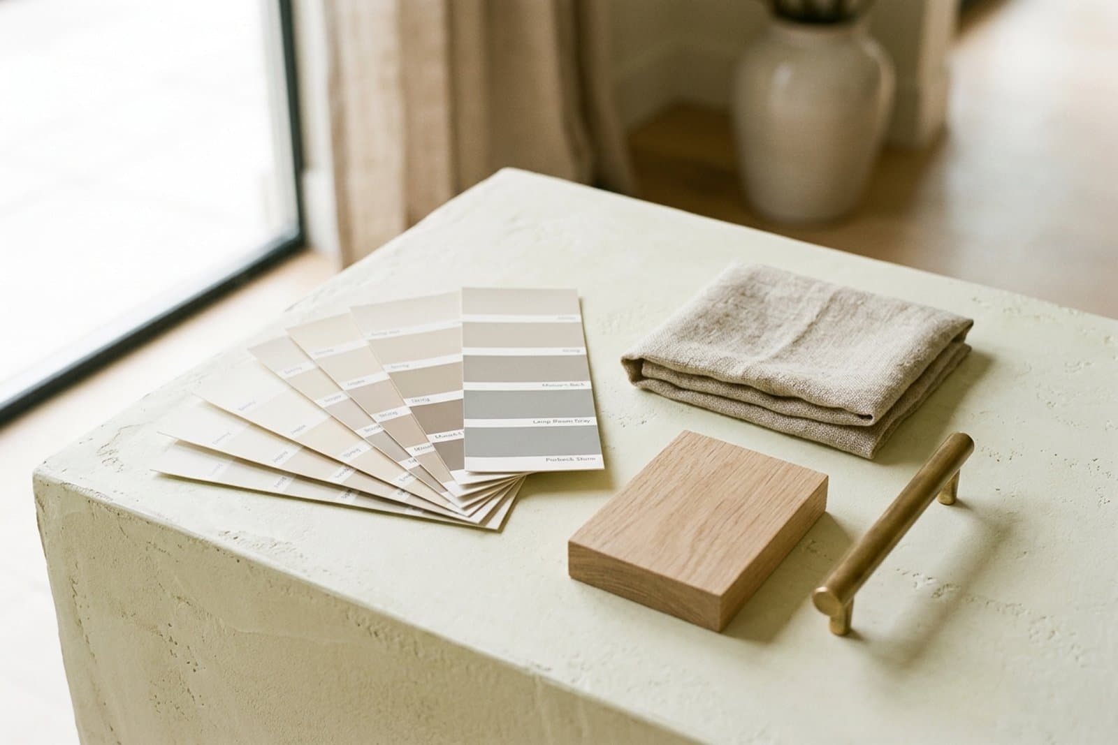 Paint swatches, a linen sample, an oak chip and a brass handle laid out on plaster