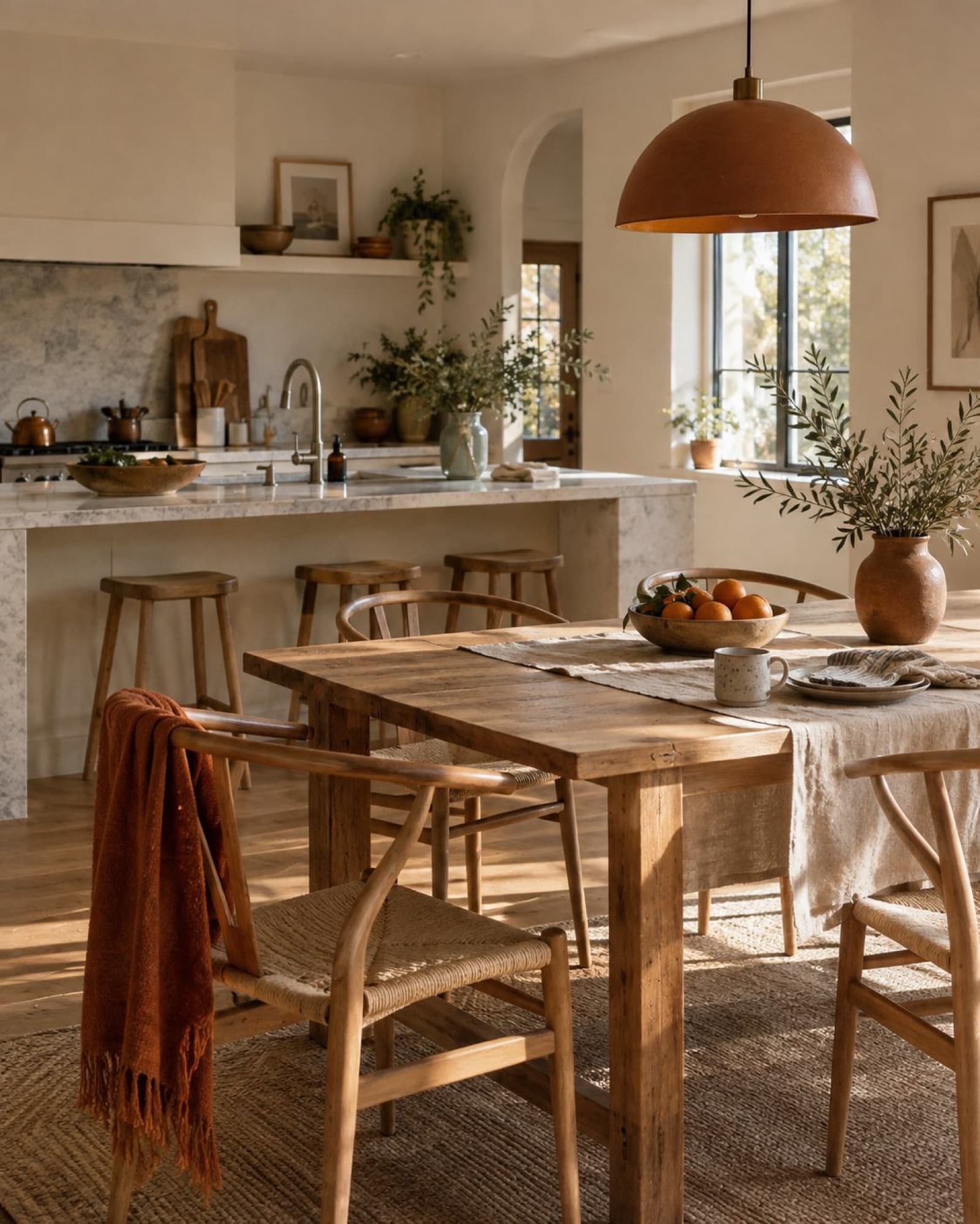 A dining table set for a slow morning beside a kitchen island