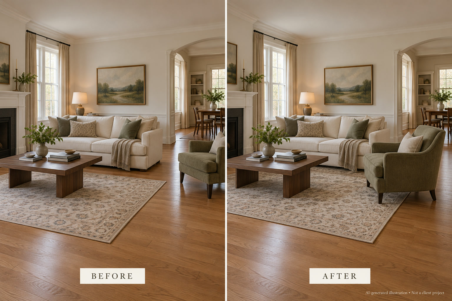 The same living room before and after moving the armchair so its front legs rest on the rug next to the sofa