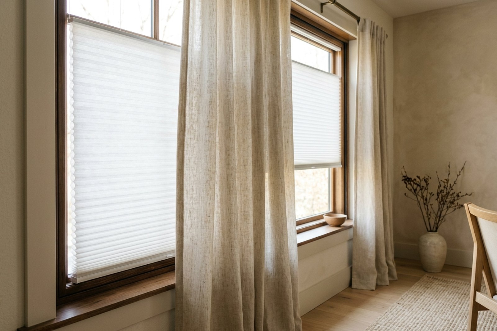A bright apartment window layered with a pale cellular shade behind a light linen curtain panel, the shade sealing close to the glass and the curtain softening the edges