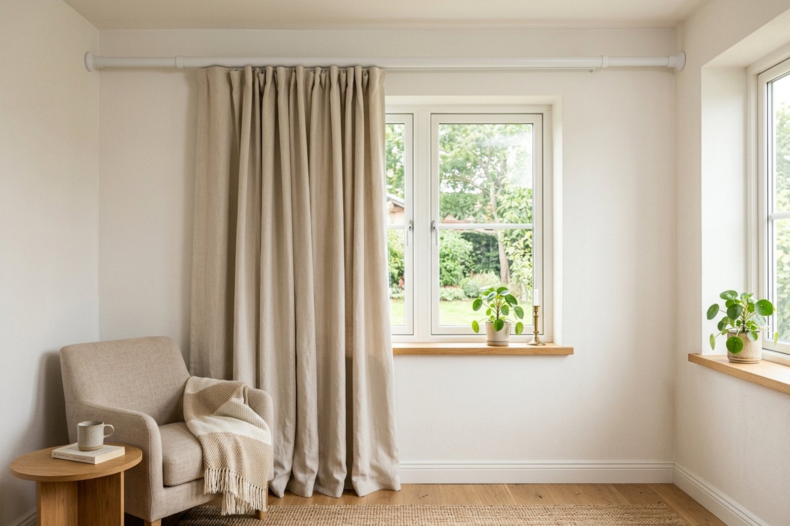 A tension rod holding overlapping pale blackout curtain panels mounted above and wider than the window frame, the fabric falling flush to the wall to seal the side gaps