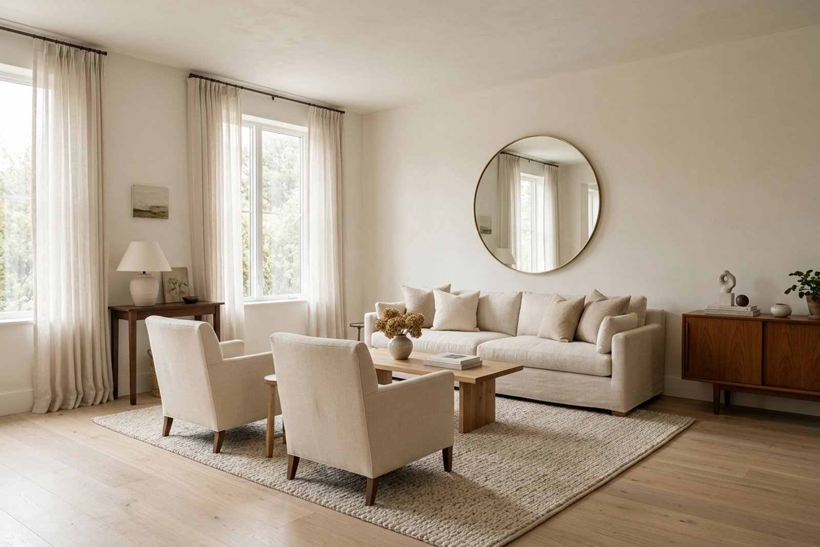 A north facing living room with warm off white walls, pale oak floors, cream upholstery, and soft daylight reflected by a mirror