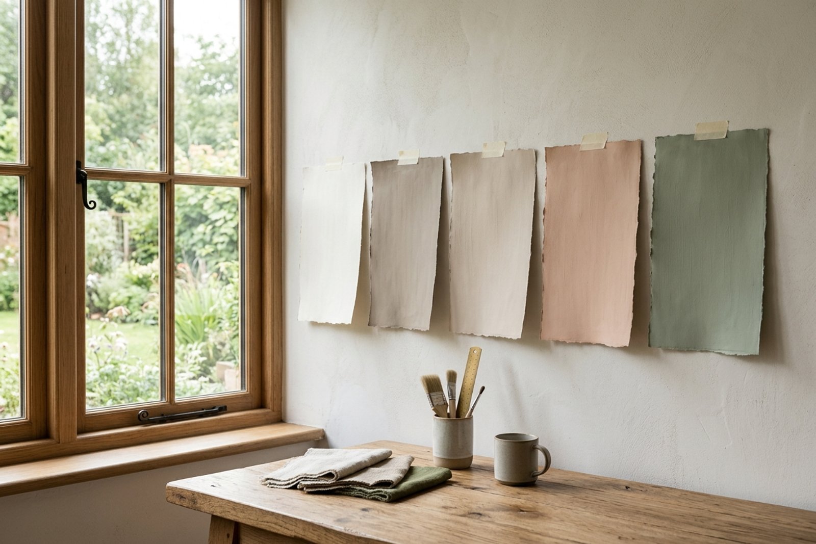 Paint swatches in creamy white, warm greige, mushroom, pale clay, and muted sage taped beside a north facing window