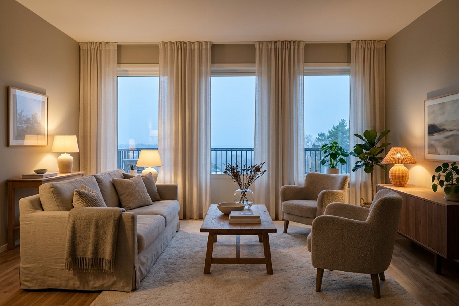 A warm neutral living room at evening with layered table lamps, a pale rug, and north facing windows softened by sheer curtains