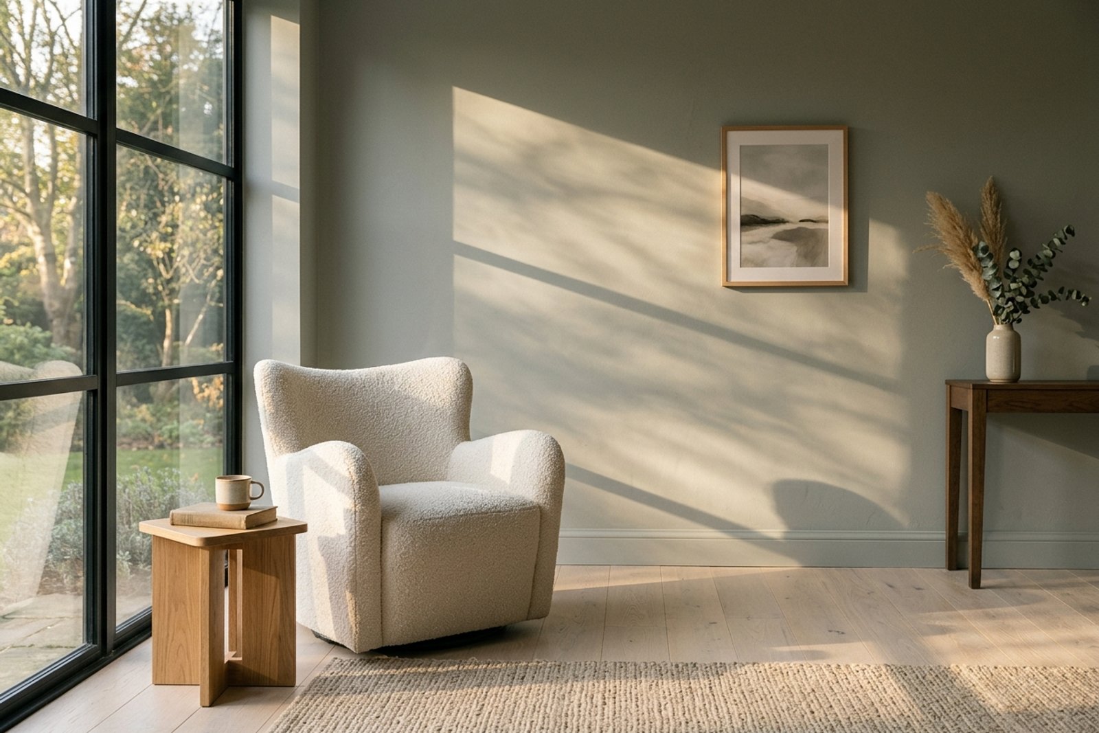 A west facing living room in late afternoon with low golden sunlight striping across soft gray green walls and a pale oak floor