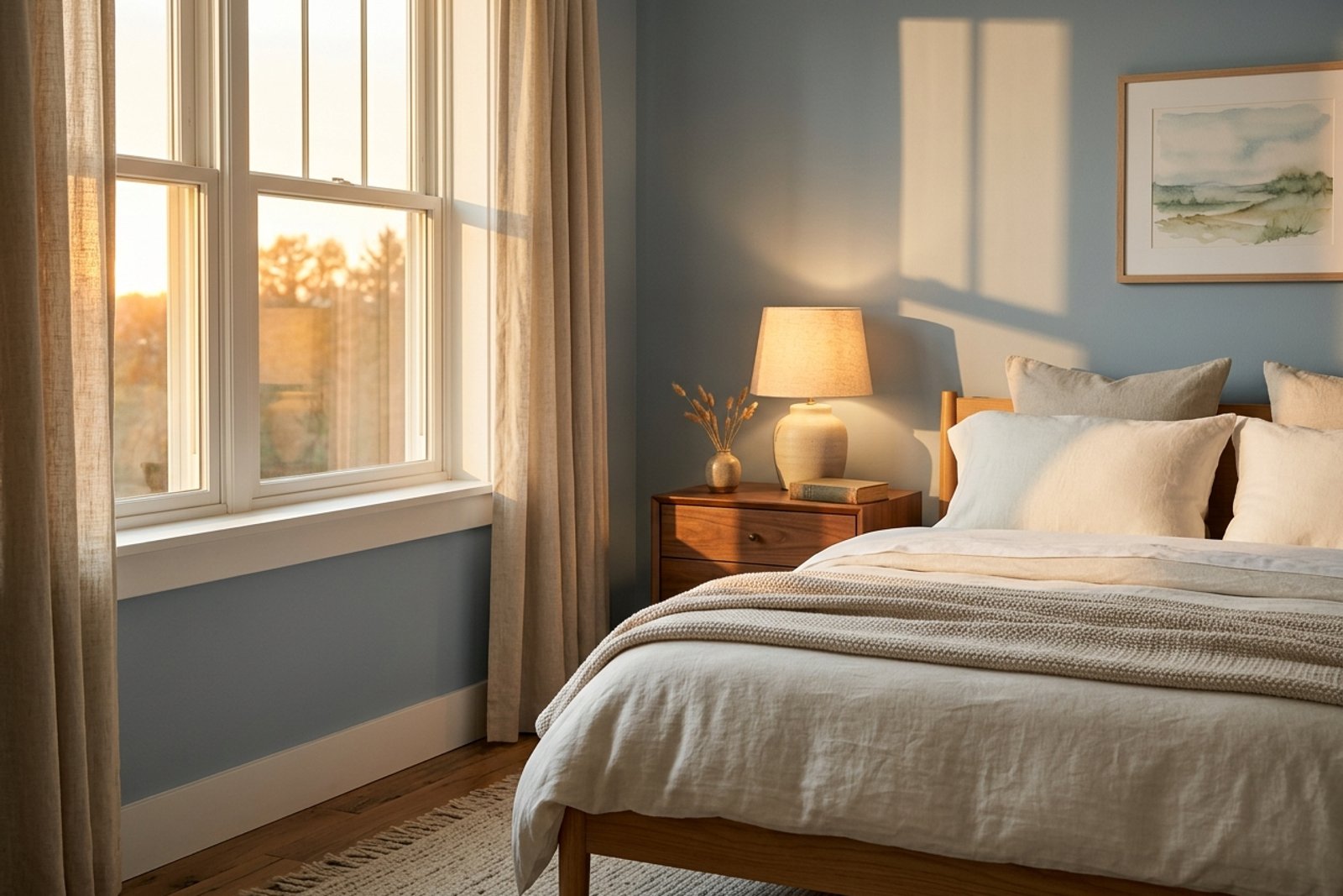 A sunset lit bedroom corner with soft blue gray walls, white trim, a lit 2700K table lamp, and long shadows from a west window