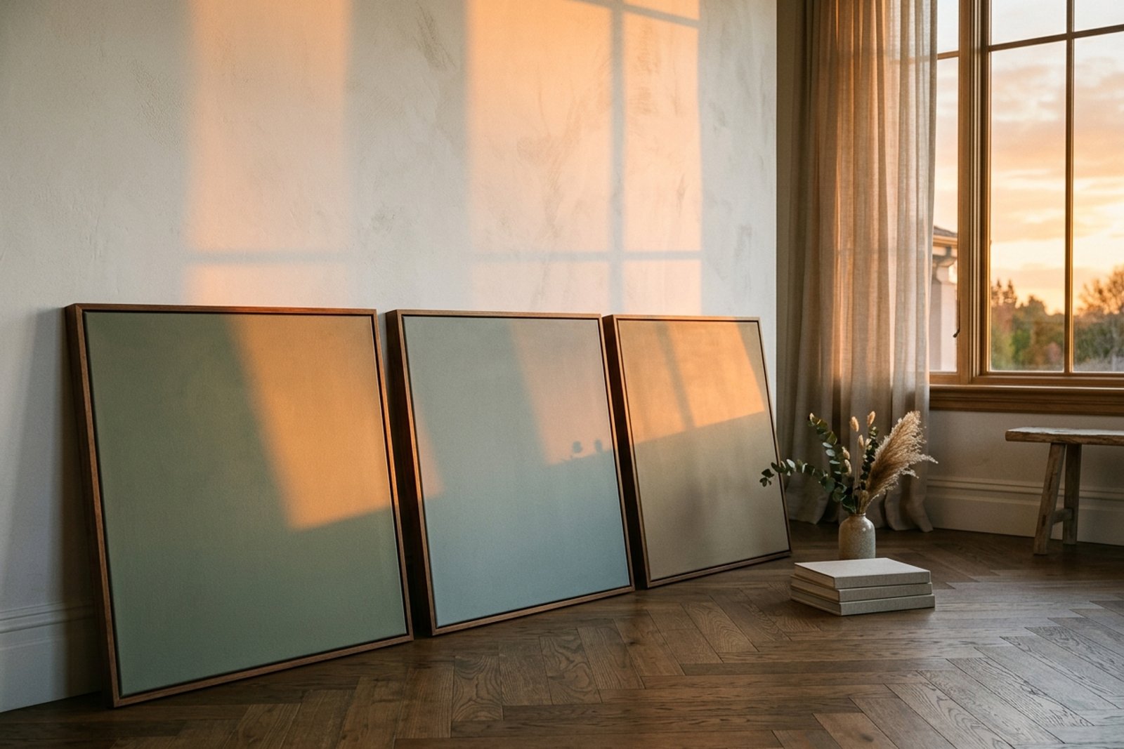 Paint sample boards in green gray, blue gray, and warm greige leaning against a wall beside a west facing window at sunset