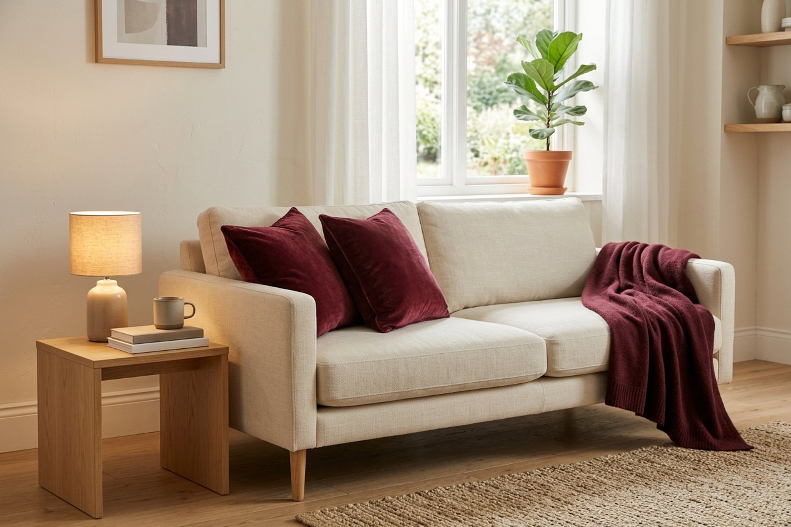 A neutral living room with cream upholstery, light wood tables, and burgundy velvet pillows on the sofa