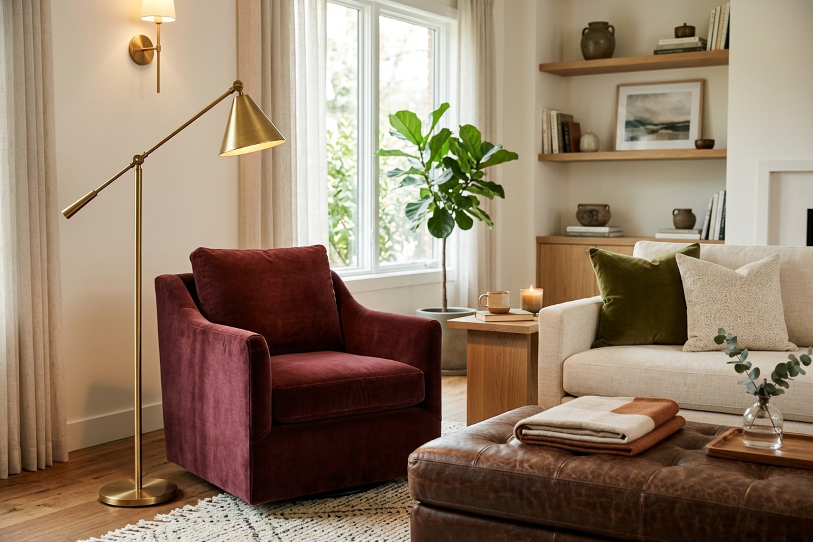 A burgundy velvet accent chair beside a cream sofa, brass floor lamp, olive pillow, and chocolate brown leather ottoman