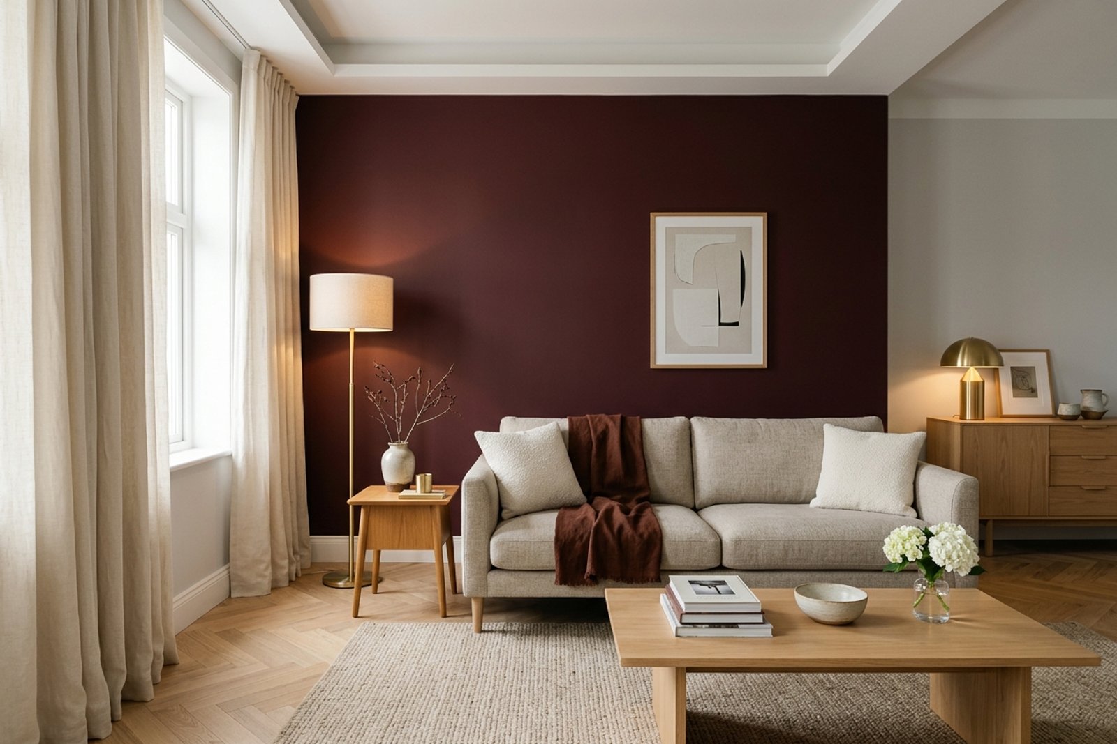 A single burgundy accent wall behind a neutral sofa with warm lamps, cream curtains, and light oak furniture