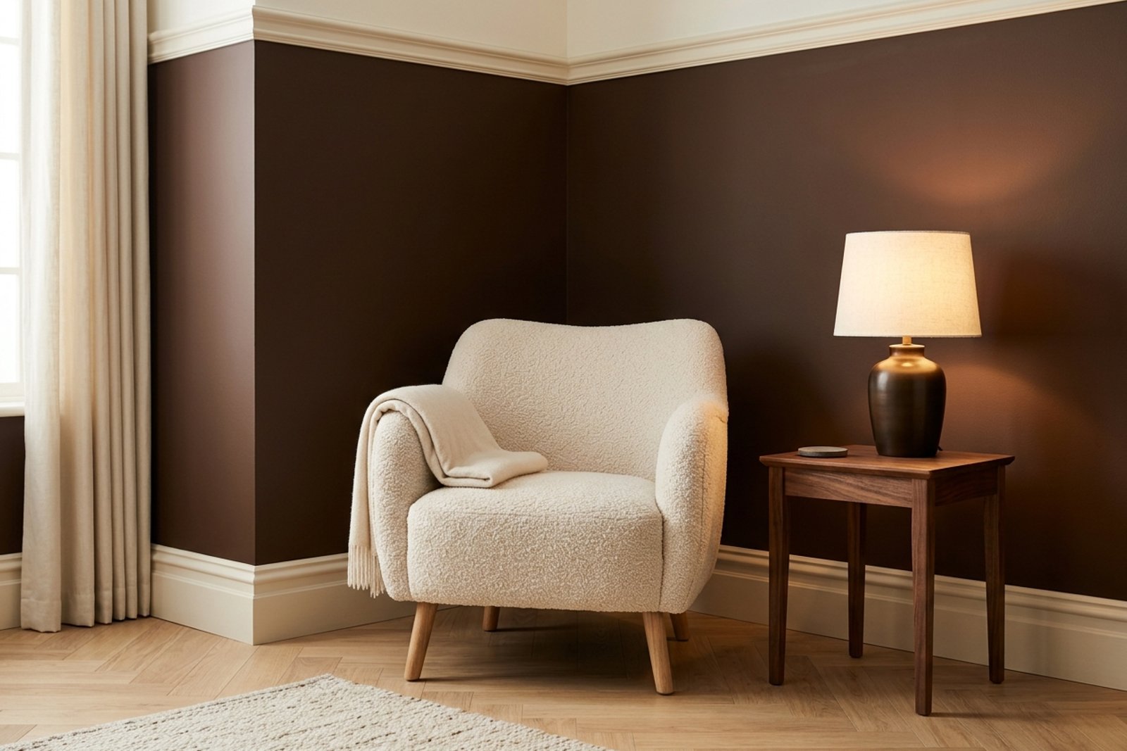A living room with deep chocolate brown walls, cream upholstery, and warm lamp light