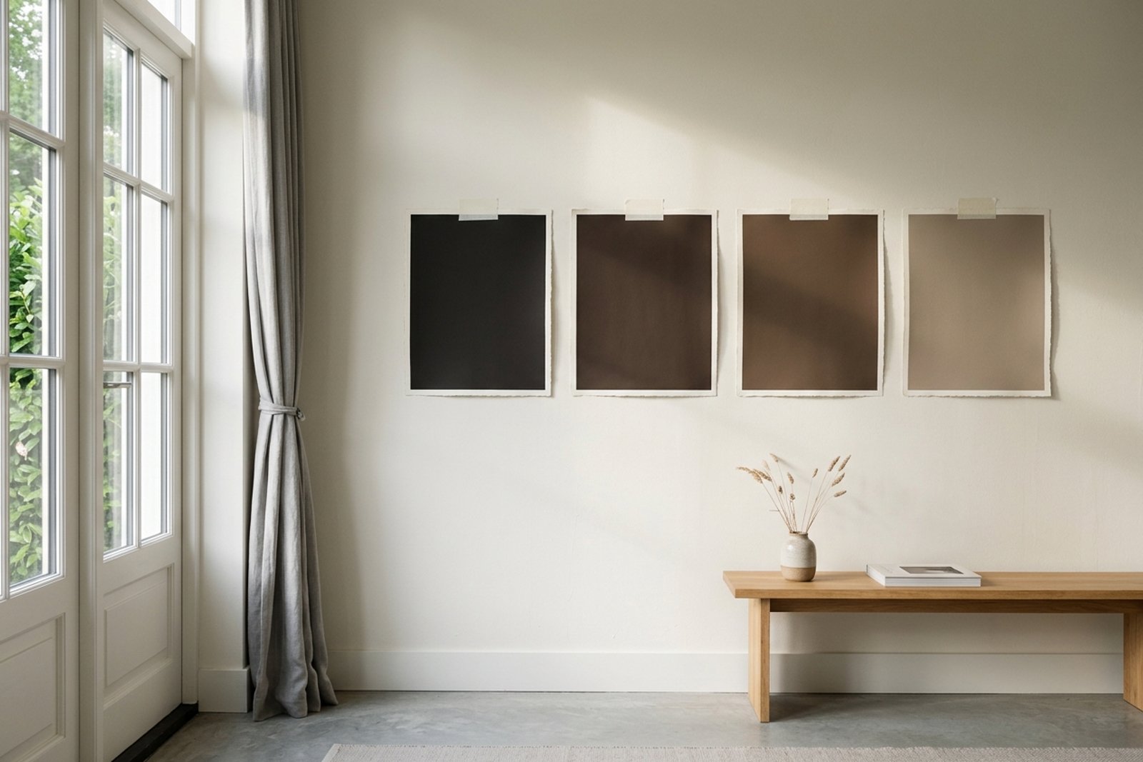Sherwin-Williams brown paint samples taped to a living room wall in daylight