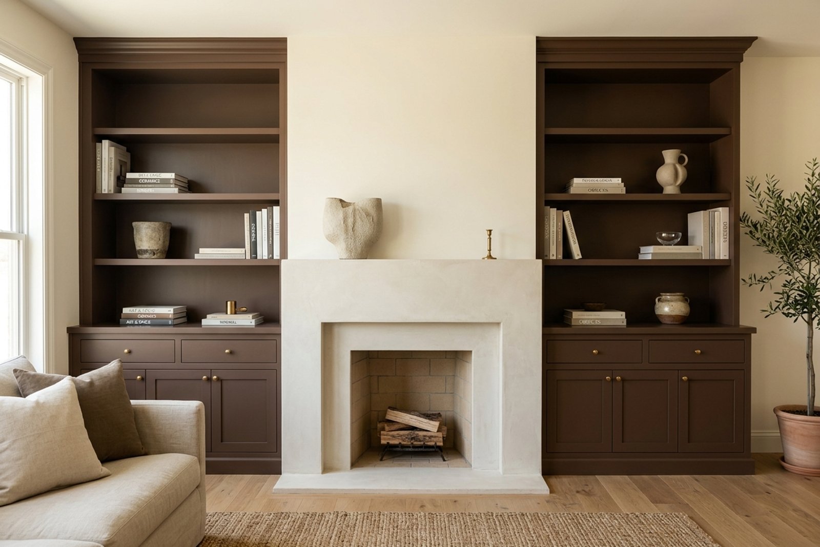 Chocolate brown media built-ins flanking a fireplace with cream walls above