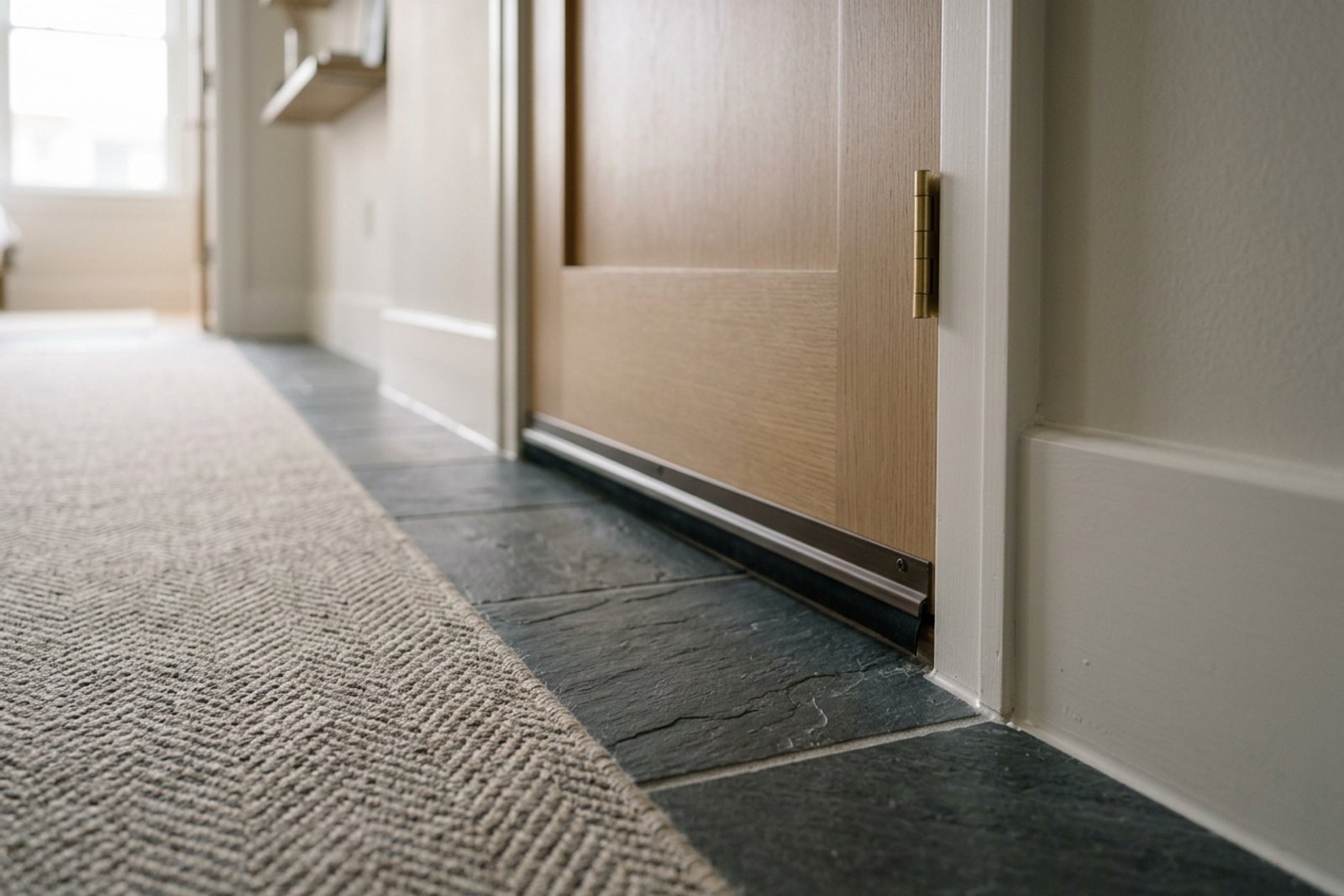A baseboard and entry door with the floor perimeter sealed and a low door sweep fitted, the rug edge stopping clear of the threshold