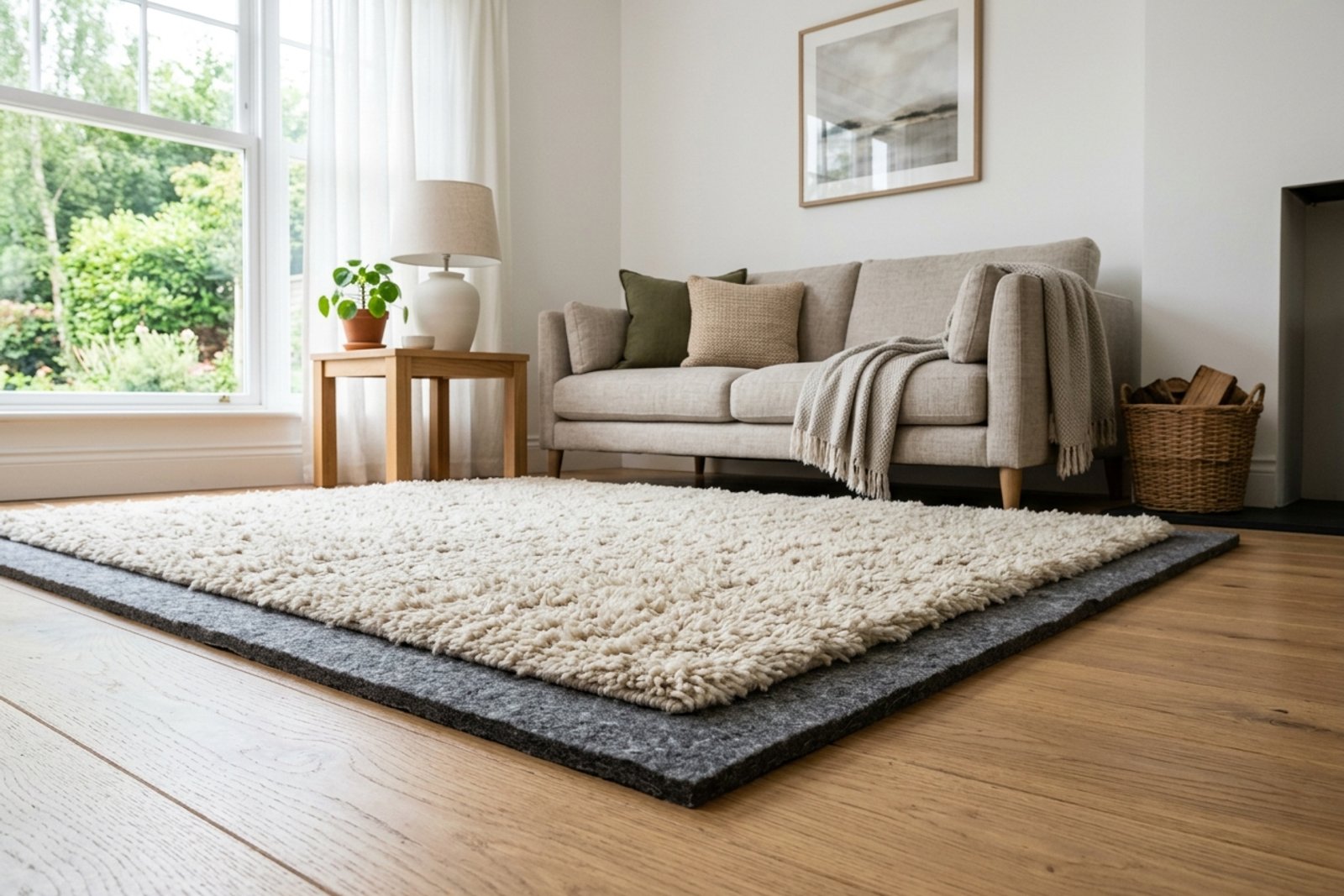 A living room floor layered with a thick felt pad and a high pile rug set into the standing zone in front of a sofa, with the floor edges left visible