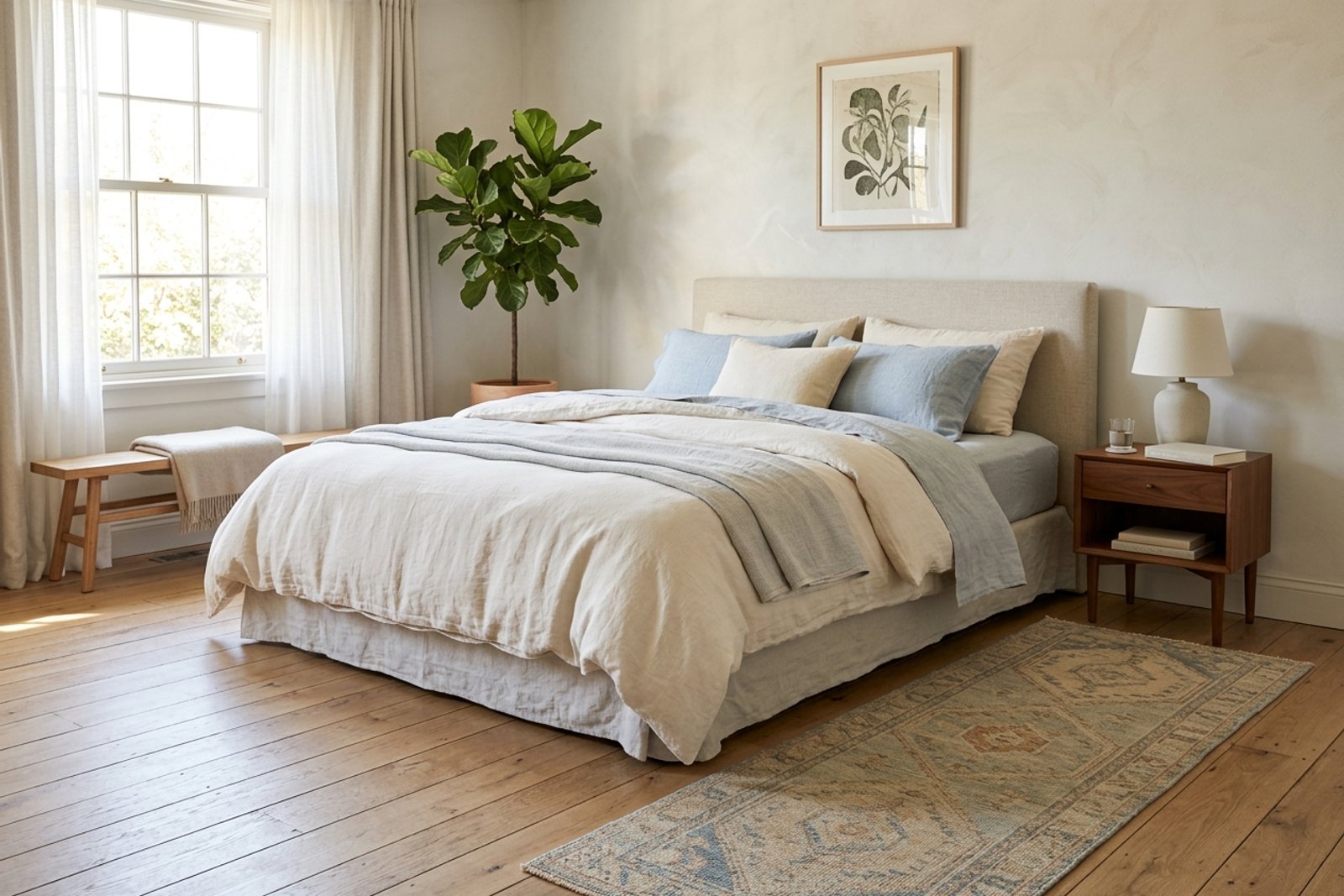 A bedroom with a wide runner set along the side of the bed where feet land, the rug reaching past the edge of the mattress into the walking path