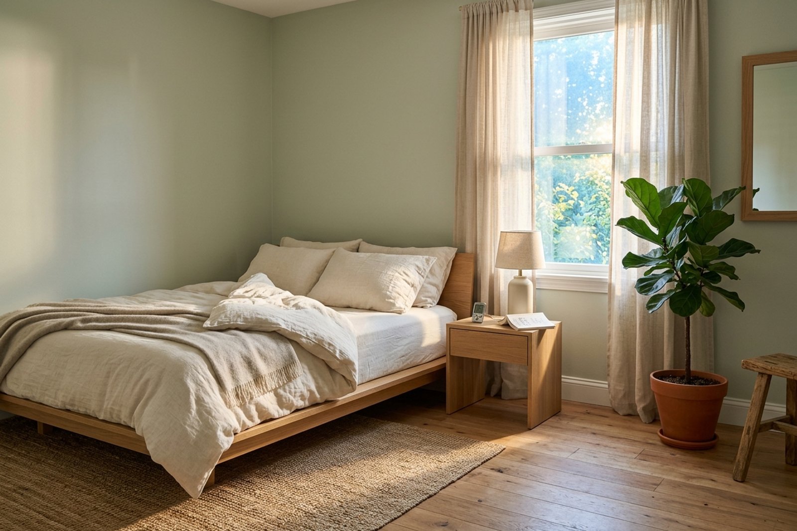 Overhead view of a bedroom corner at dawn with a probe thermometer on the nightstand, a tower fan in soft focus, and morning light across oak floorboards