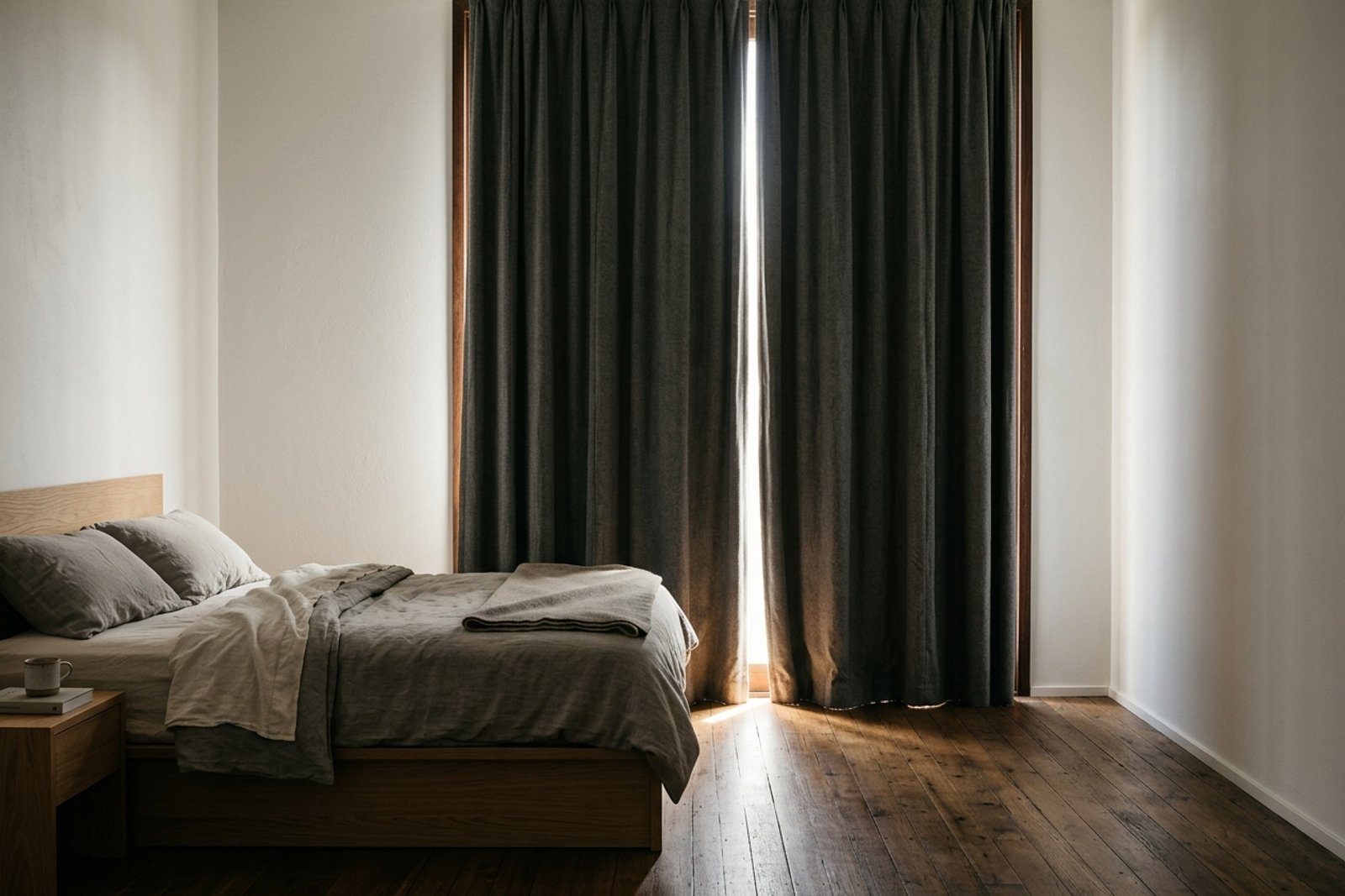 Thermal blackout curtains drawn across a tall bedroom window during peak afternoon sun, room dim and cool, hardwood floor catching one strip of light