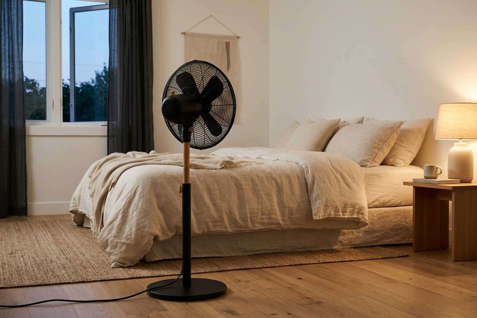 A pedestal fan tilted slightly upward at the bed, dusk light through a single open window, linen bed visible behind in cream and oat tones