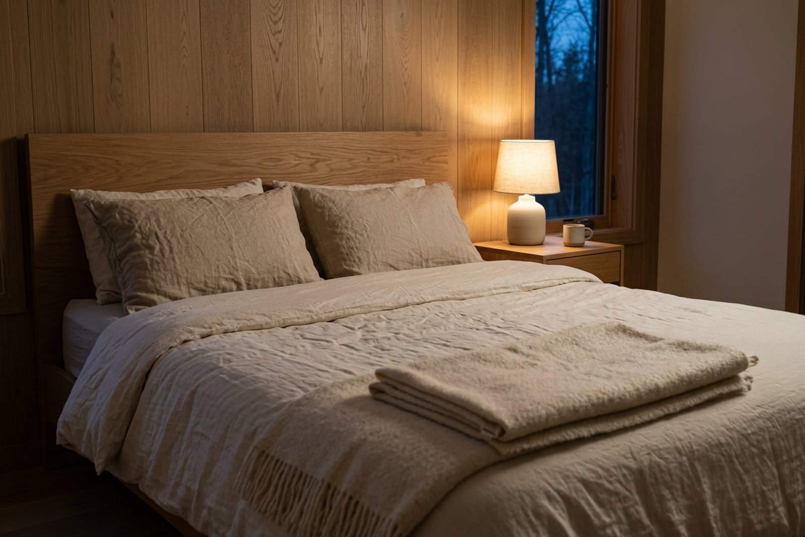 A bed made in three creams (linen duvet, oat pillowcases, soft wool throw at the foot), no top sheet, room dim to lamp light only, a single open window beyond