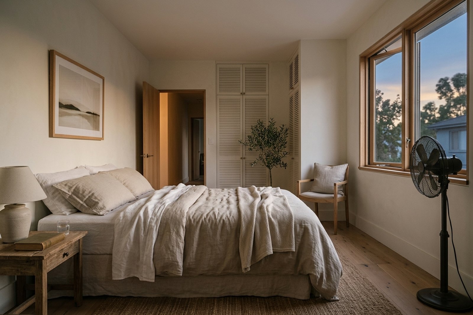 A small apartment bedroom with light linen bedding, a pedestal fan near the doorway, and one window cracked after sunset for a controlled humidity flush