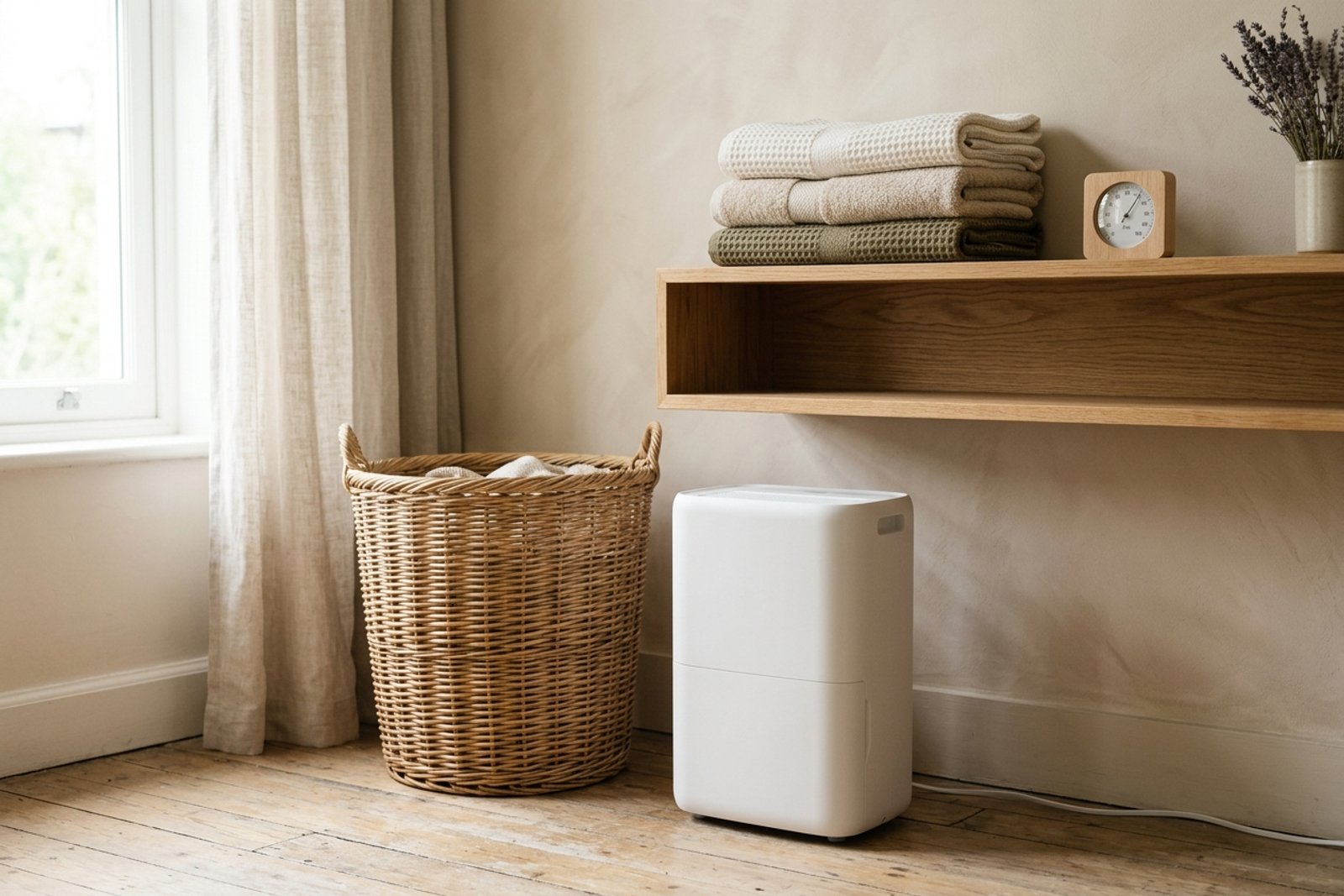 A compact dehumidifier beside a woven hamper, with dry cotton towels folded on an open shelf and a small humidity meter on top