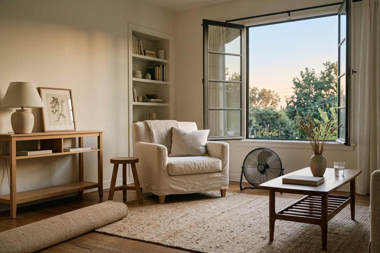 A calm small living room after a summer humidity reset, with a light rug rolled back, open leg furniture, cotton slipcovered chair, and a fan aimed toward an open evening window