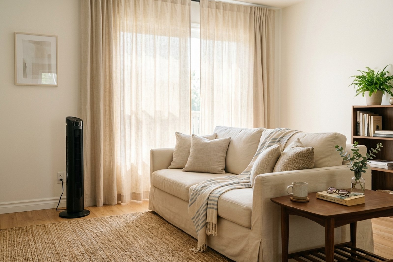 Small living room with pale summer curtains, a quiet fan aimed across the sofa, and light breathable textiles