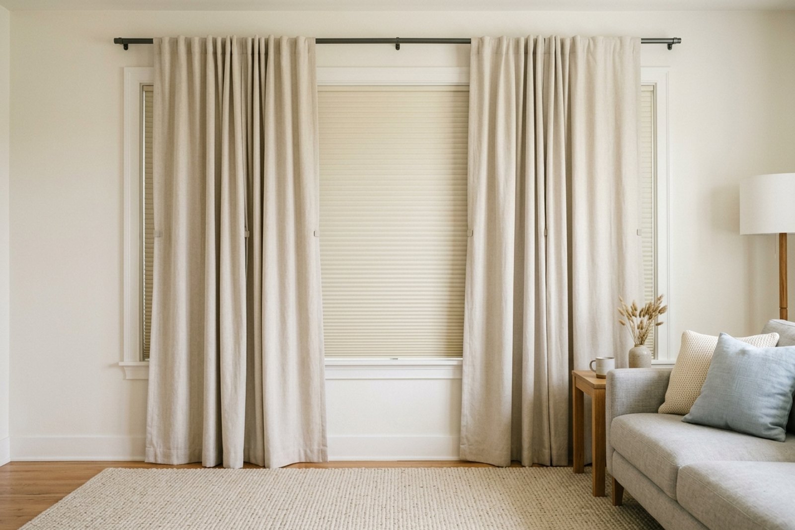 Living room window with pale thermal curtains and cellular shade blocking afternoon summer sun before it reaches the sofa