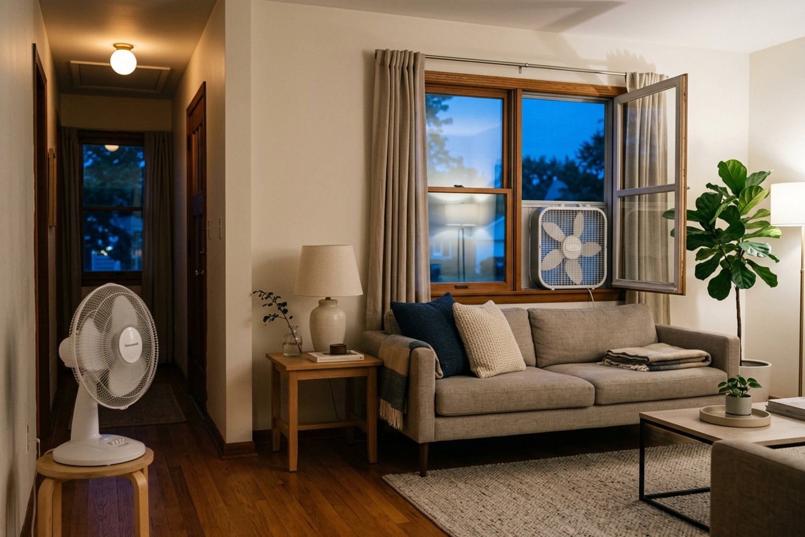 Living room at blue hour with a box fan exhausting warm air through the window and a clear intake path from the hallway