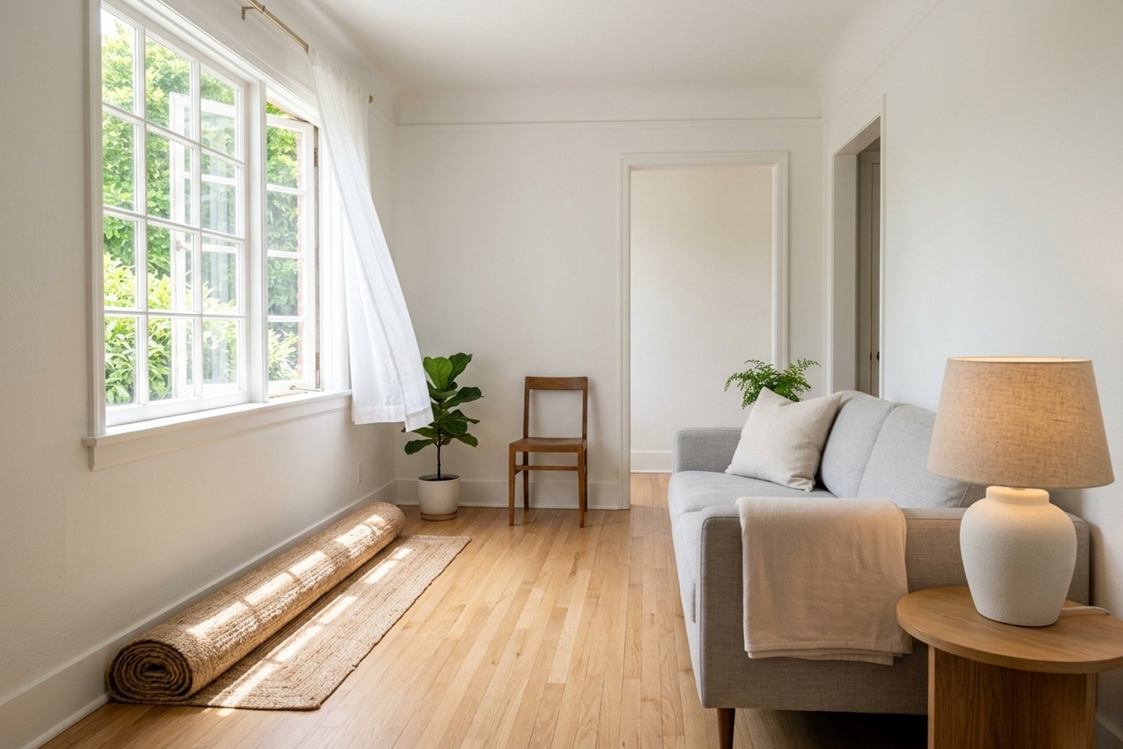 Compact living room with furniture pulled off the sunny wall, a rolled light rug, and a clear path from window to doorway