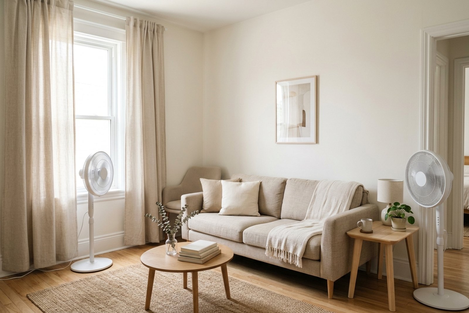 Small rental living room with pale thermal curtains, two fans arranged for summer airflow, and light linen furniture