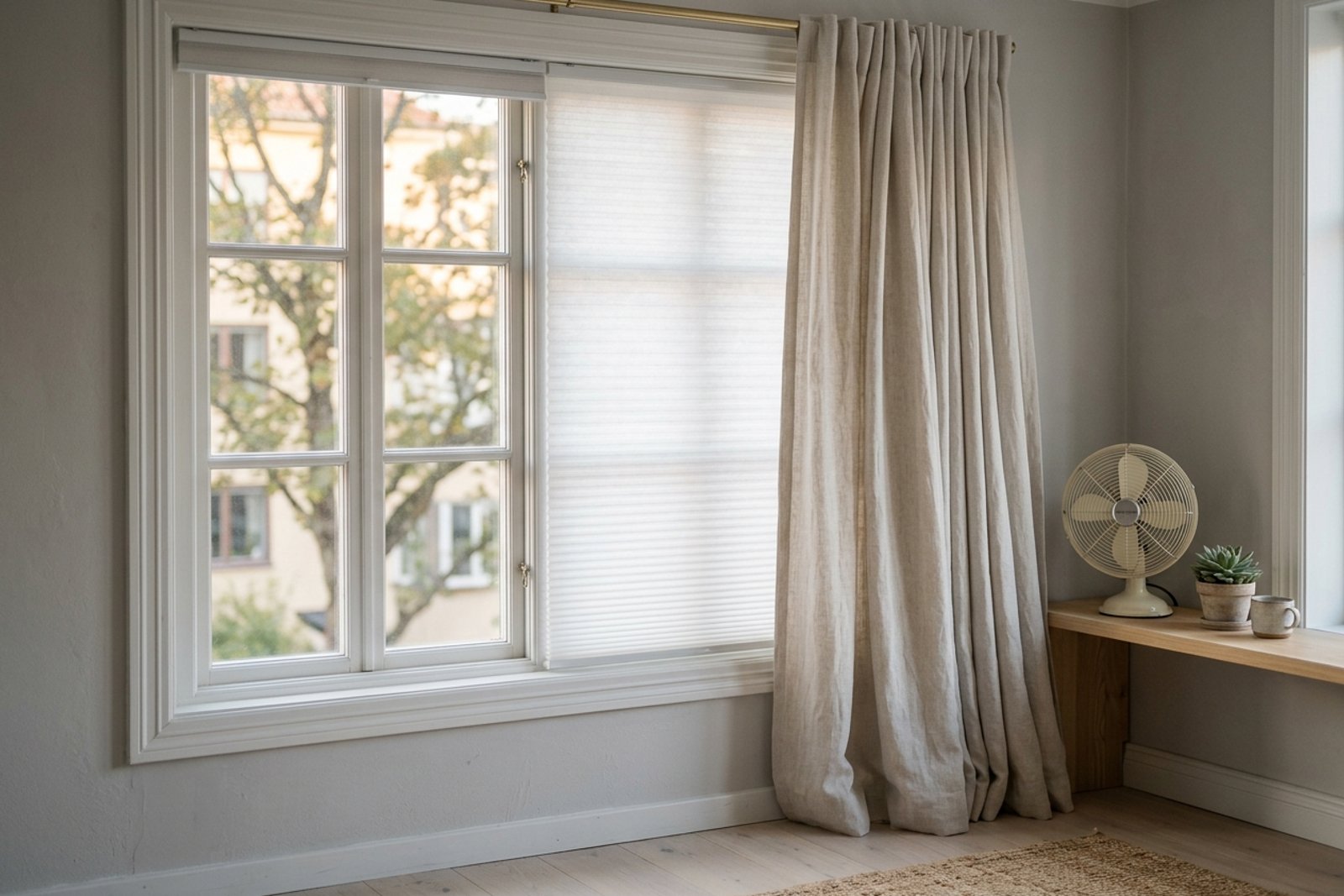 Pale cellular shade and curtain panel layered close to an apartment window with side gaps sealed for summer heat control