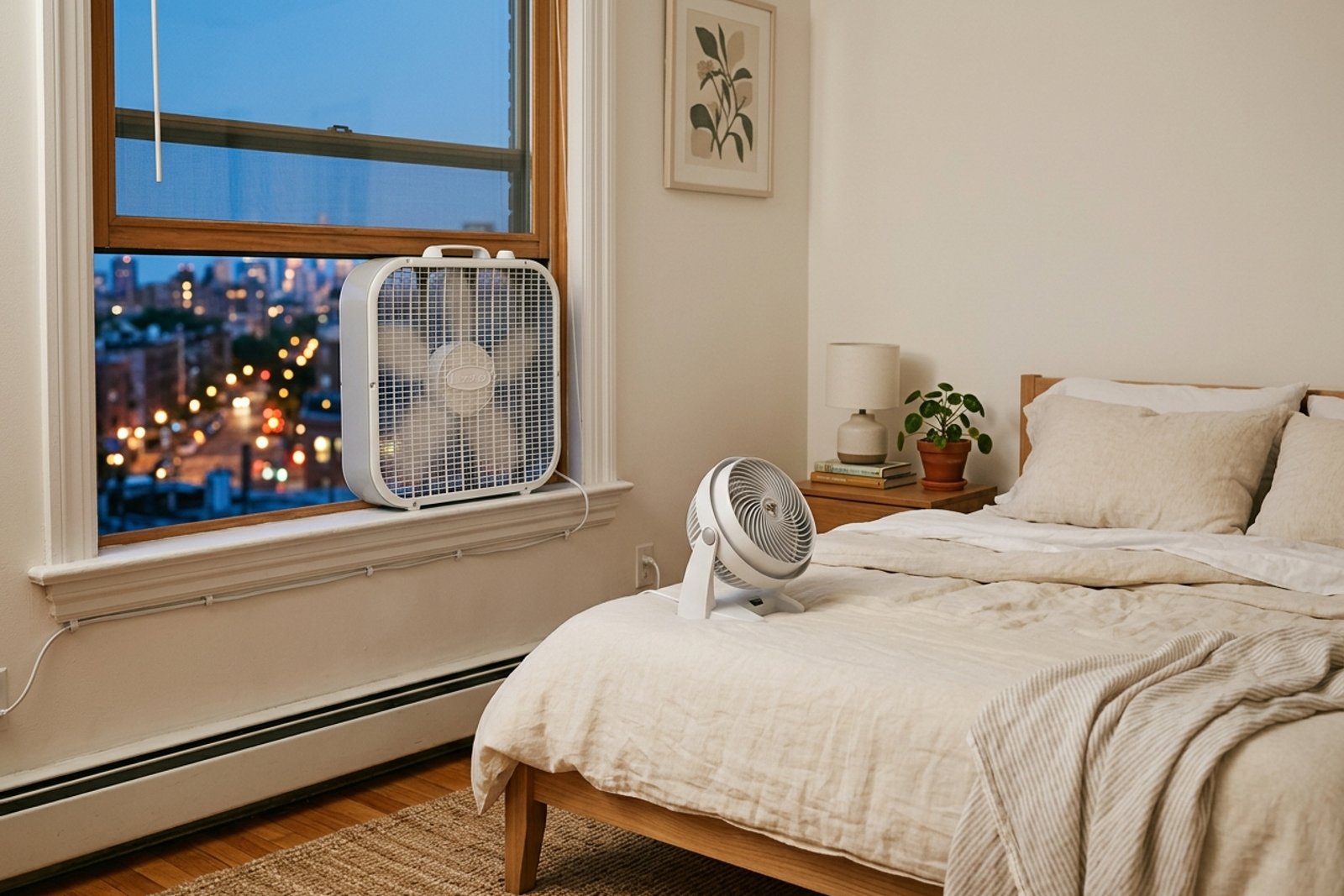 Small apartment bedroom at dusk with a box fan exhausting air through the window and a second fan moving air across linen bedding