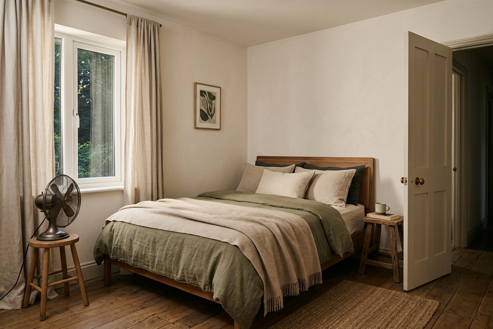 A small bedroom with one window shaded by light curtains, a compact fan near the bed, and the door slightly open for evening airflow