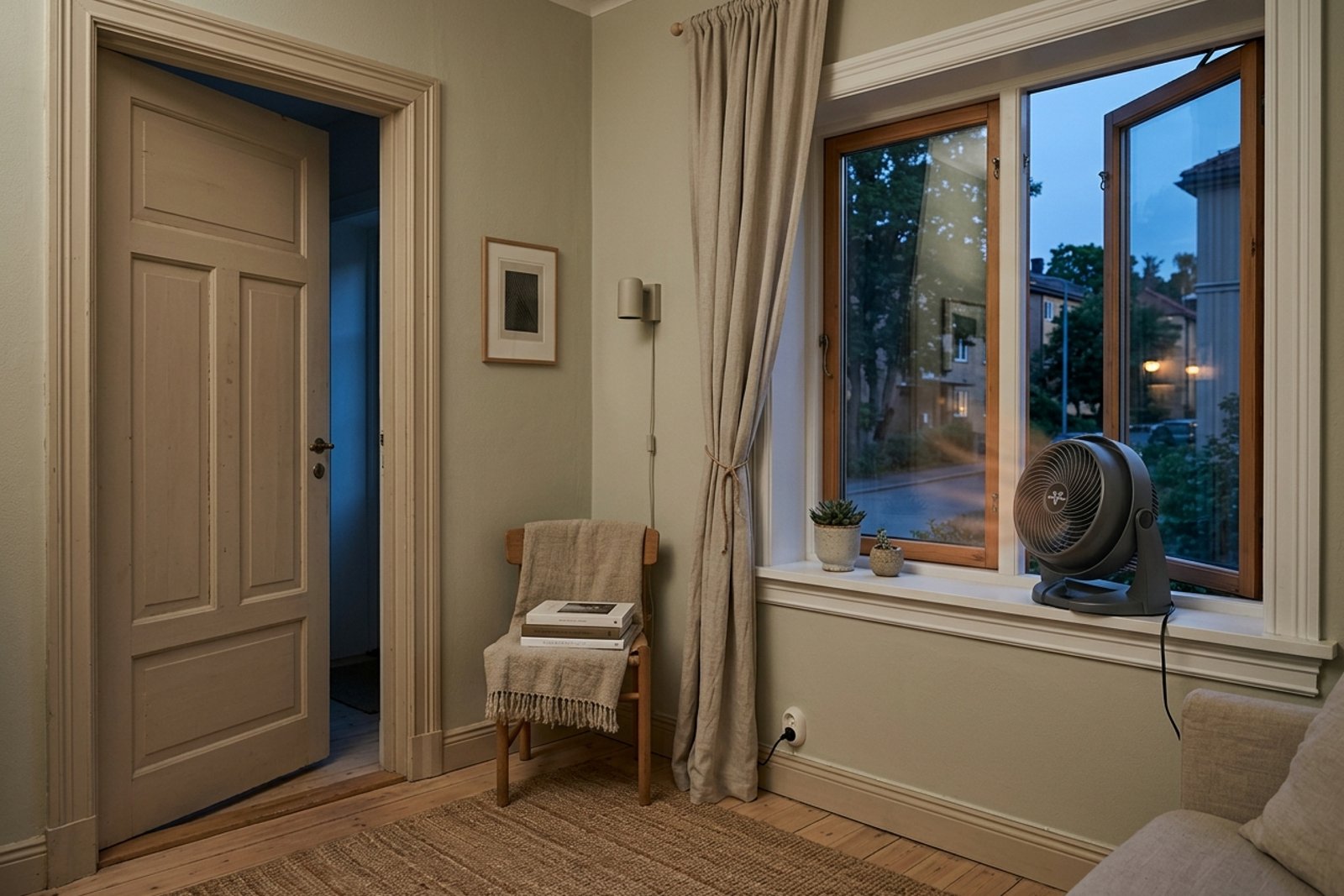 A single apartment window with a fan facing outward at dusk, warm air being exhausted while cooler air enters through a cracked interior door