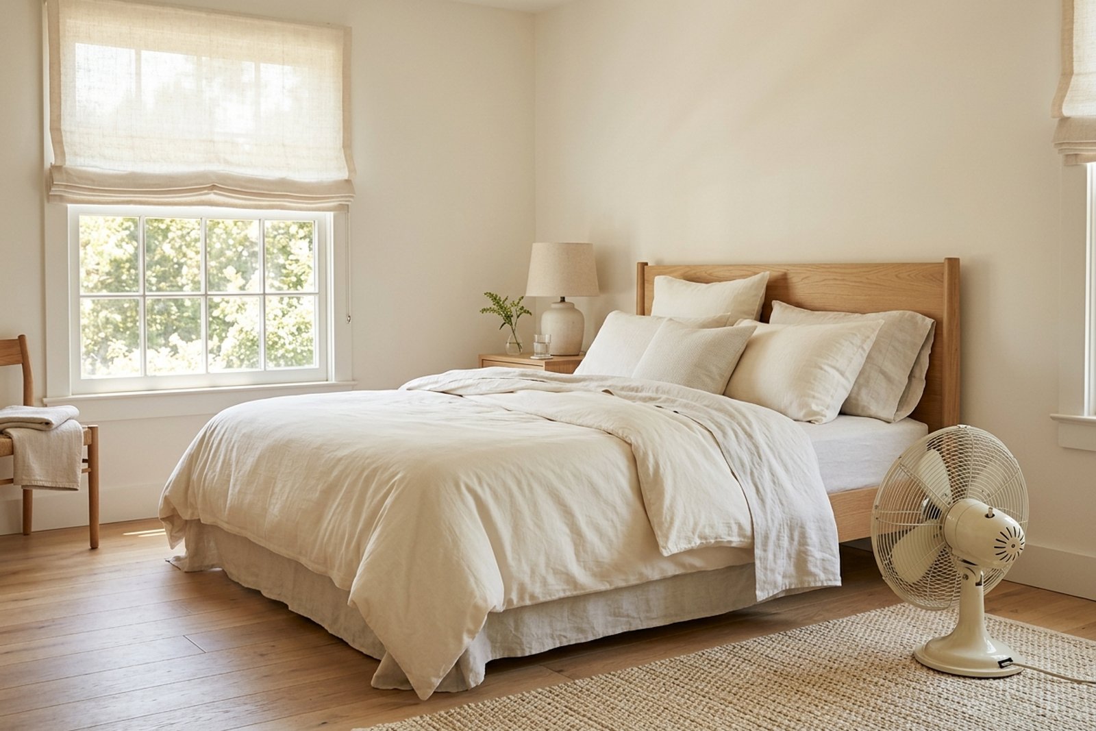 A small room reset for summer with pale bedding, a light rug, a shaded window, and a fan aimed across the sleeping area rather than at the wall
