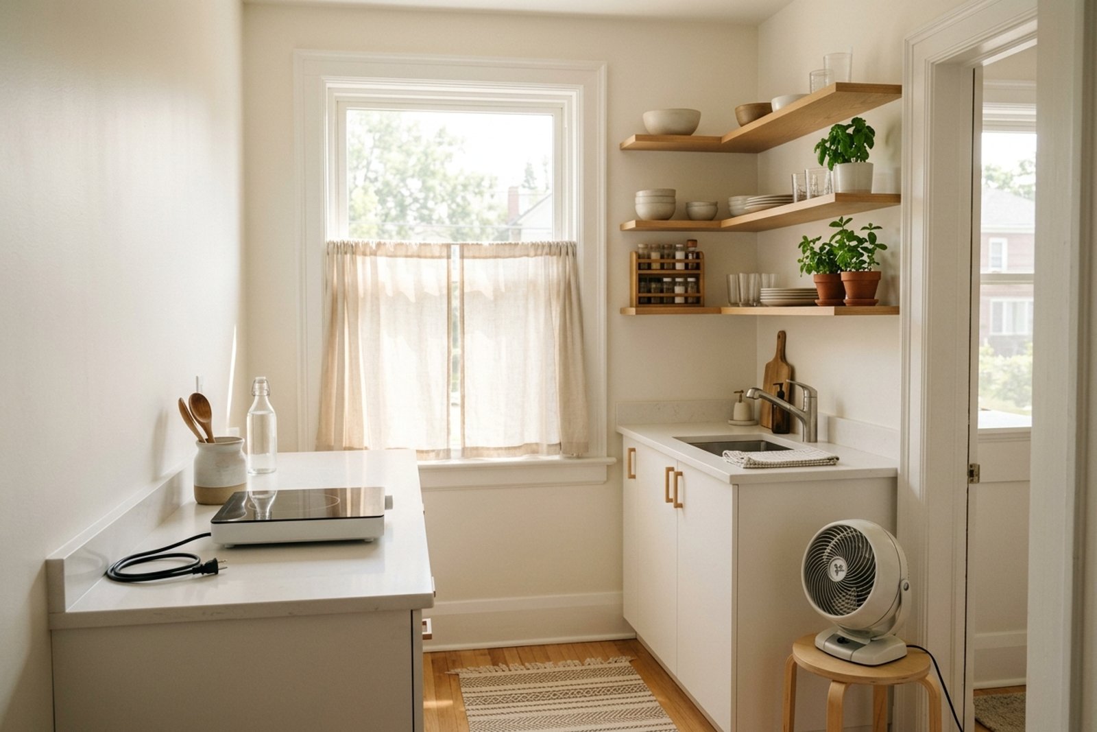 Small apartment kitchen prepared for summer heat control with pale curtains, clear counters, and a small fan near the doorway