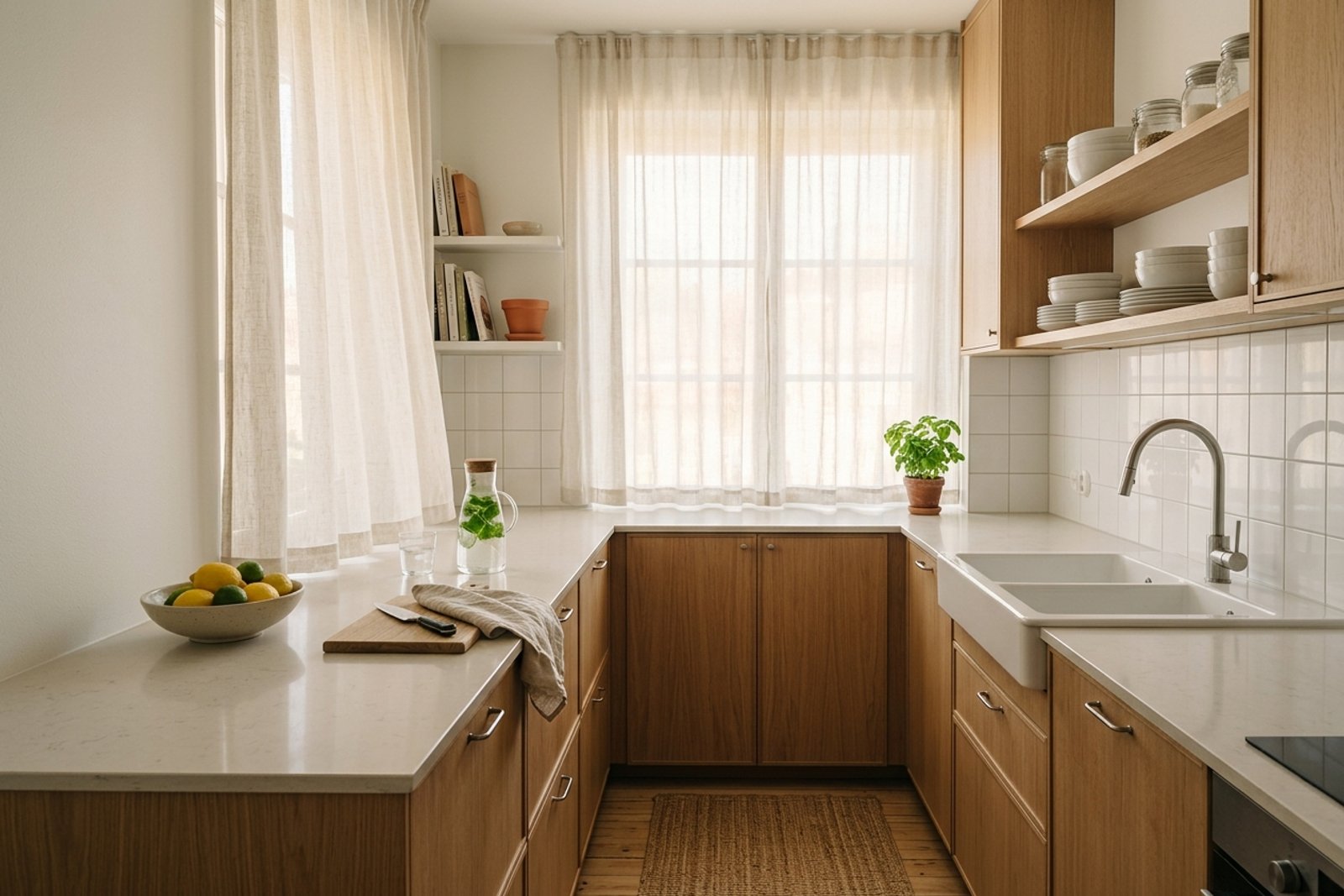 Compact rental kitchen with a pale curtain closed before afternoon sun reaches the window and clear counters ready for cooking