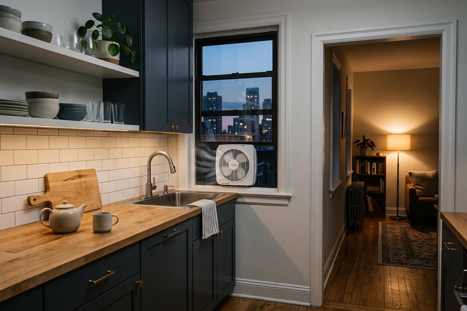 Small apartment kitchen at dusk with a window fan exhausting warm air while a doorway brings cooler air from the hall
