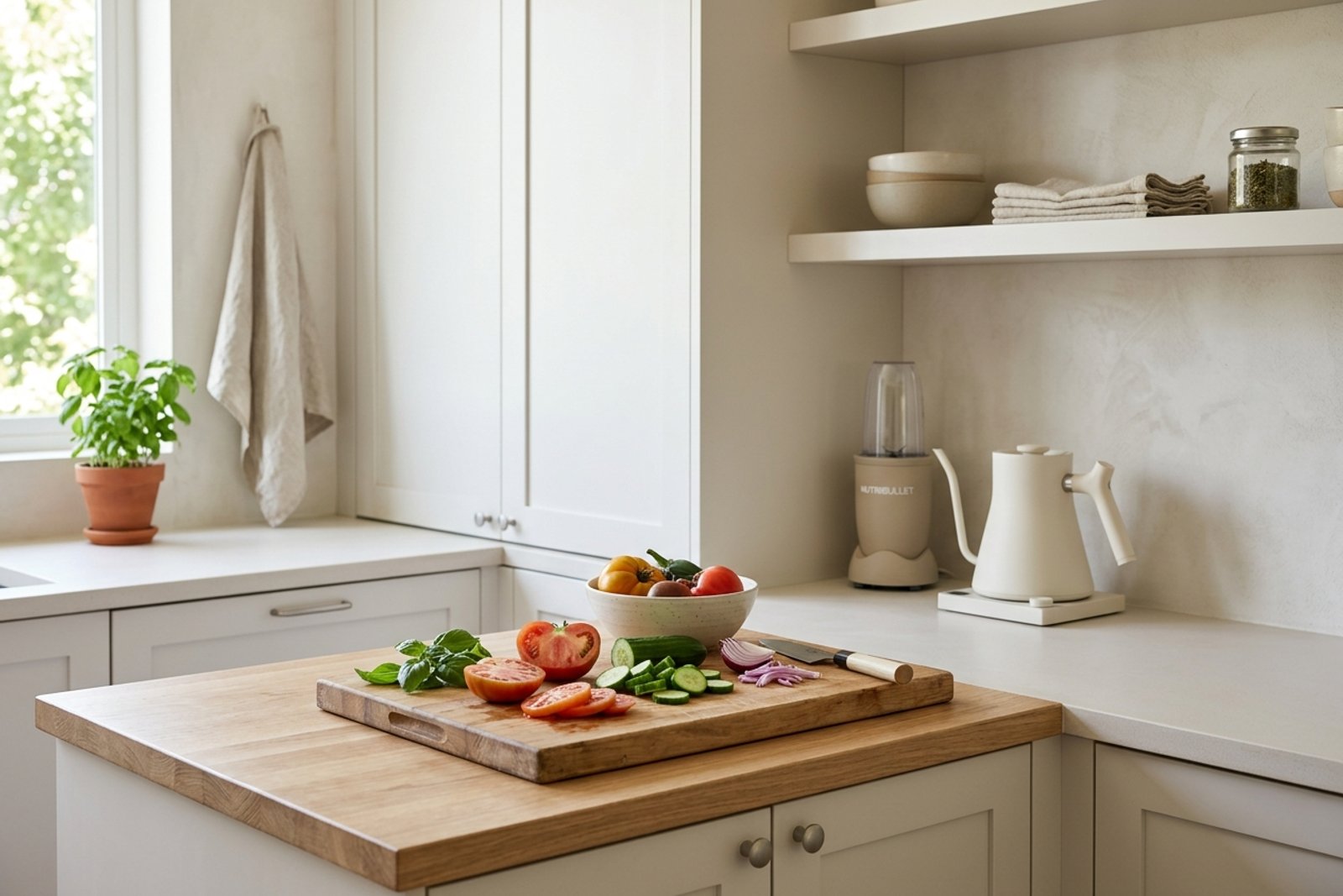 Compact kitchen meal prep station for hot weather with vegetables, pale surfaces, and no oven in use