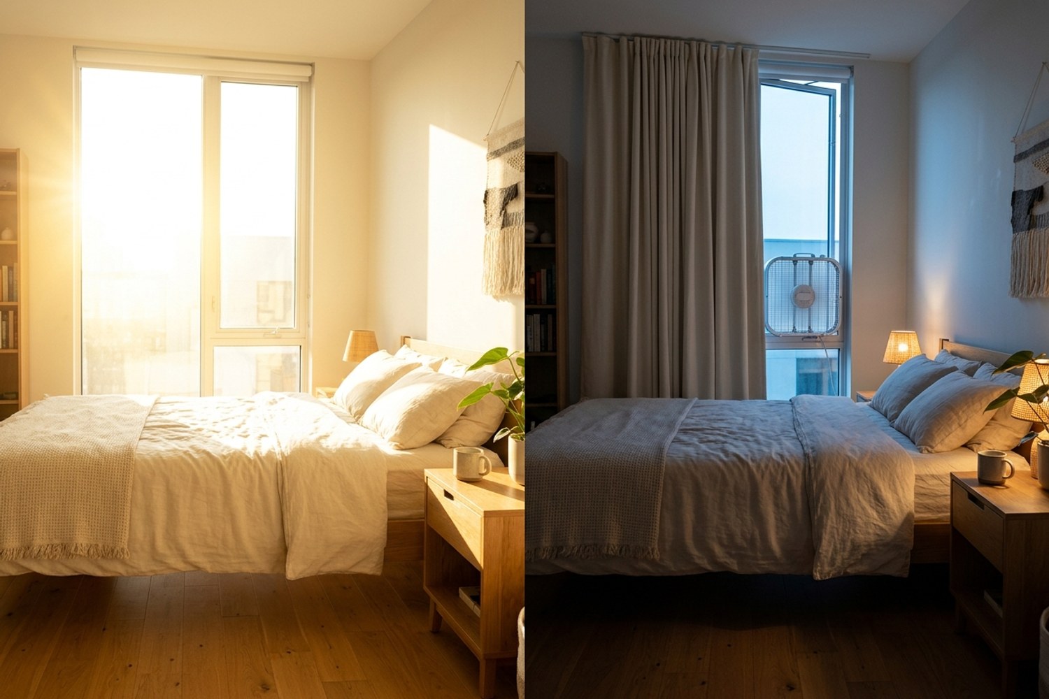 A calm bedroom at blue hour dusk after a hot summer day, fan on a low side table, sheer curtains partly drawn