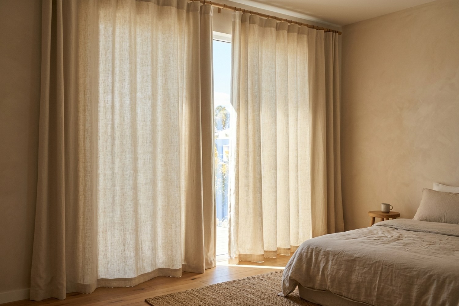 Thermal blackout curtains being drawn across a tall bedroom window during peak afternoon sun