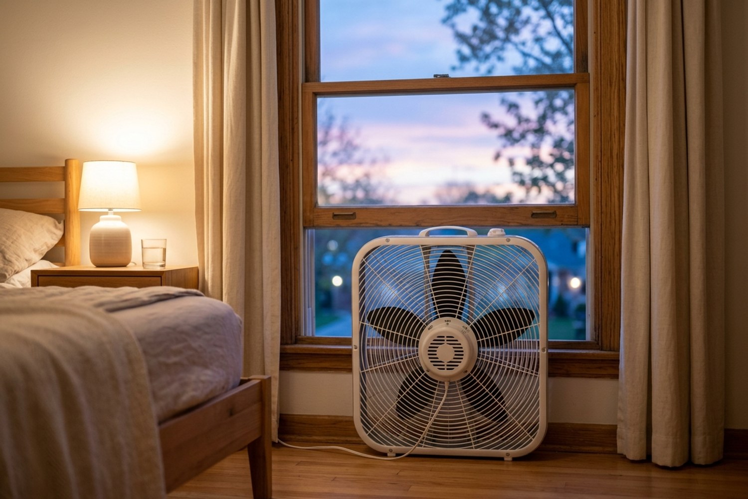 A box fan placed in an open bedroom window facing outward at early evening blue hour, pulling hot air out