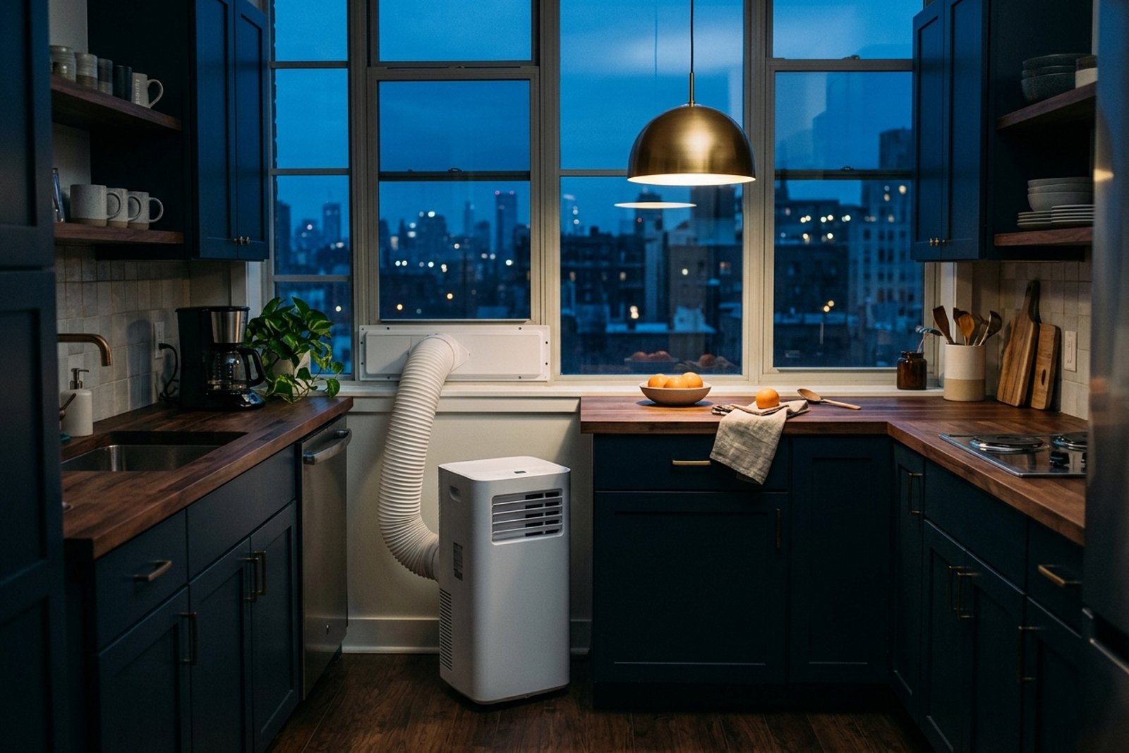A dim navy apartment kitchen at dusk with a white portable air conditioner venting out the window through a hose kit, city lights beyond the glass