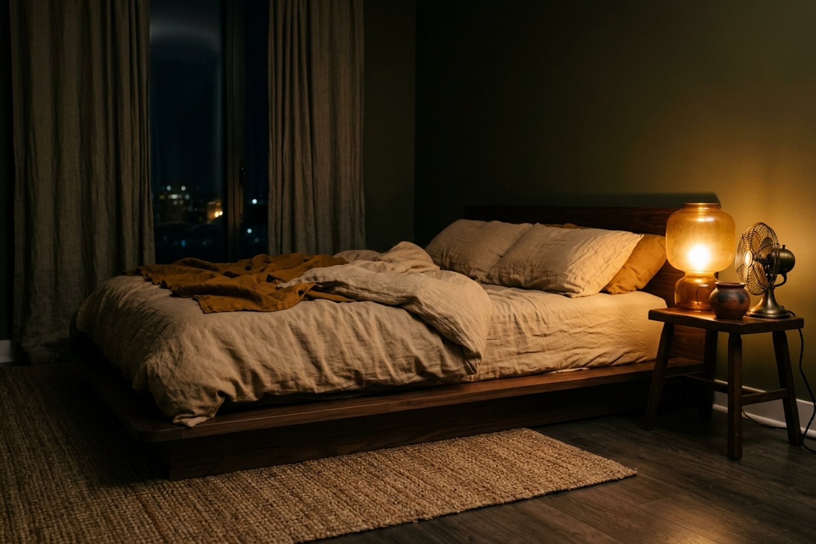 A minimal bedroom with a mattress set low on a wood platform near the floor, linen bedding, and a small fan on a stool beside it