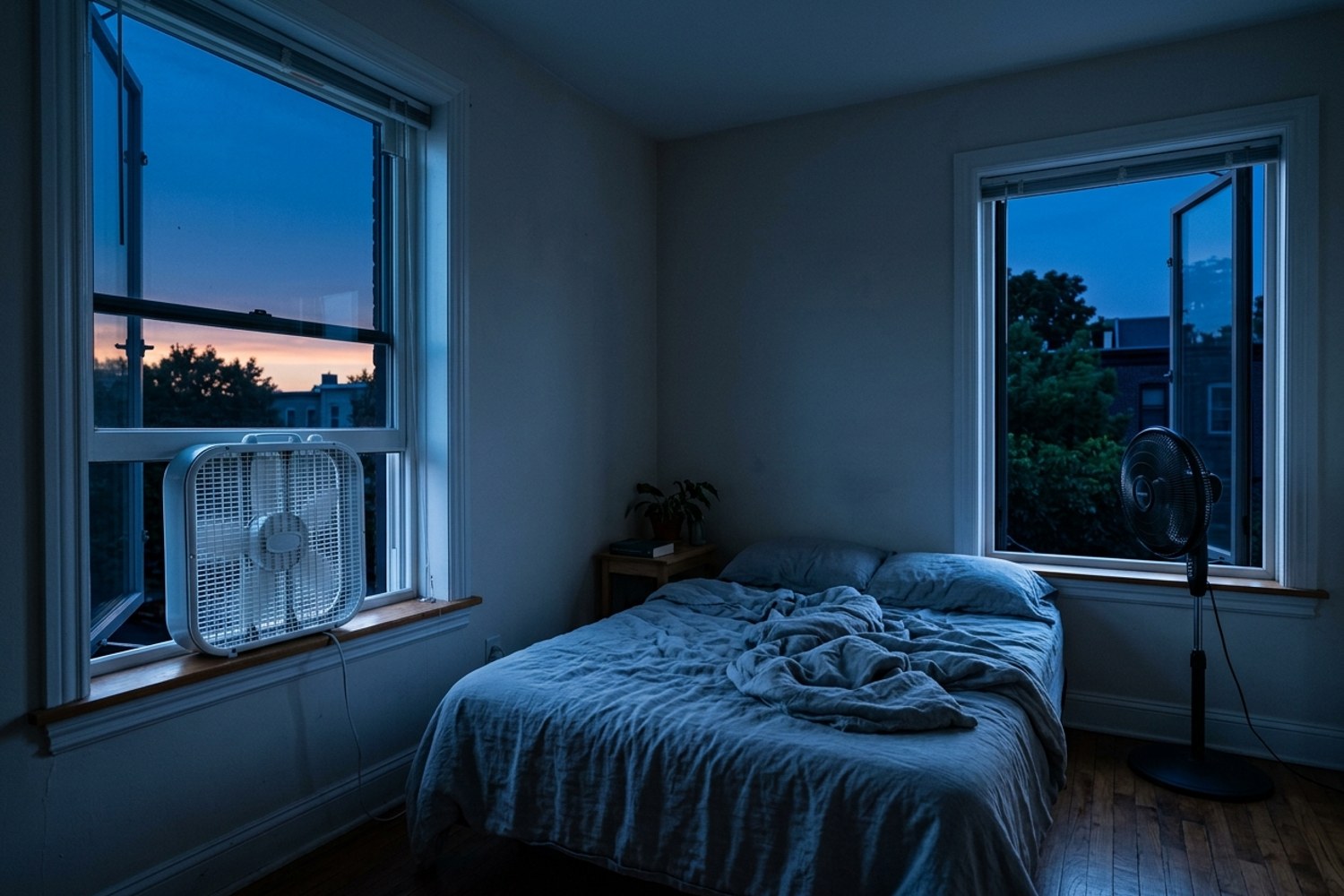 A bedroom at deep dusk with a box fan in the west window facing outward to exhaust hot air and a pedestal fan at a cooler window across the room pulling fresh air in