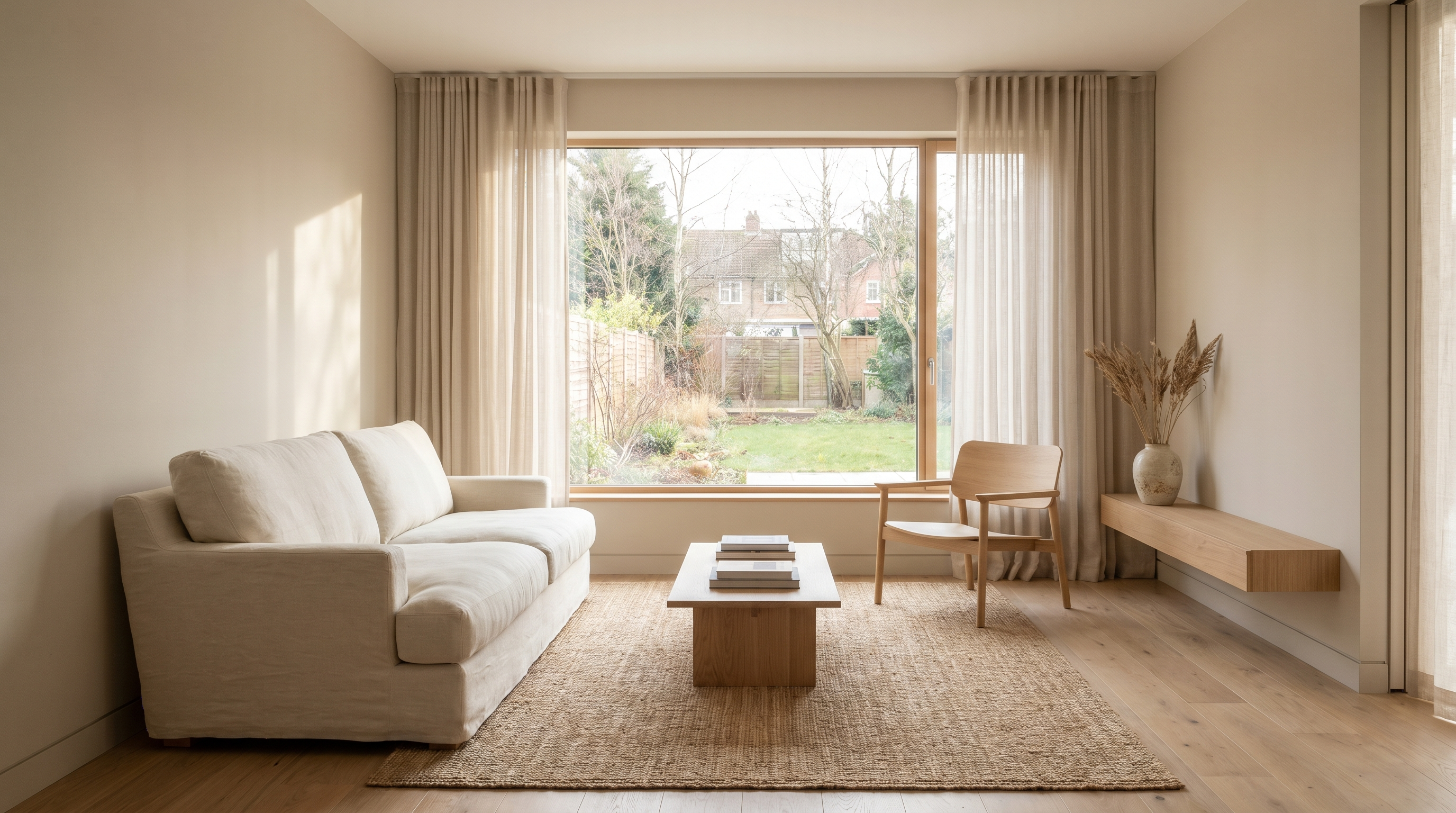 Clean minimal living room with warm tones and natural light